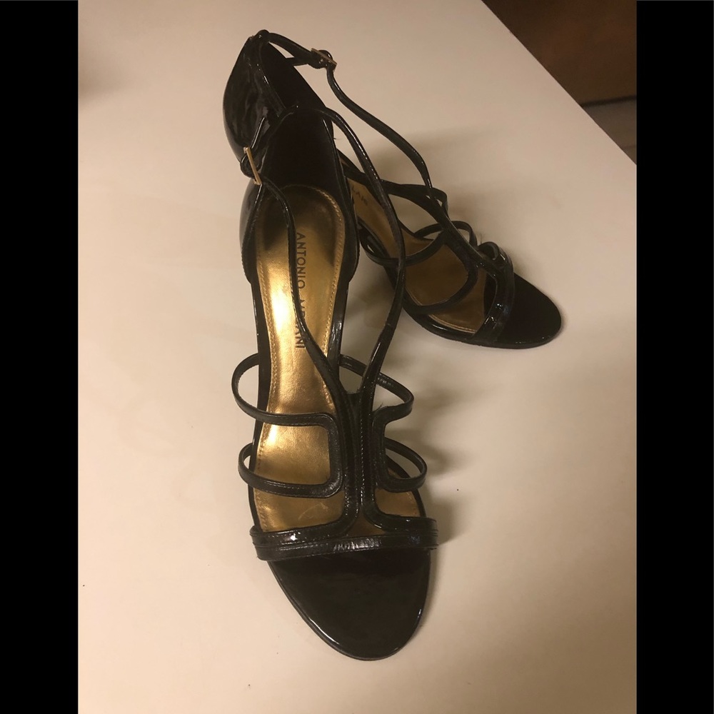 Antonio Melani black patent leather strapped heels